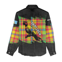 Saint Lucia Parrot Women Casual Shirt with Madras Pattern and Cultural Black Motif Design - Wonder Print Shop