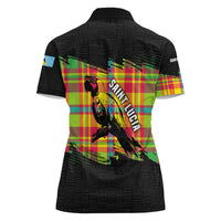 Saint Lucia Parrot Women Polo Shirt with Madras Pattern and Cultural Black Motif Design - Wonder Print Shop