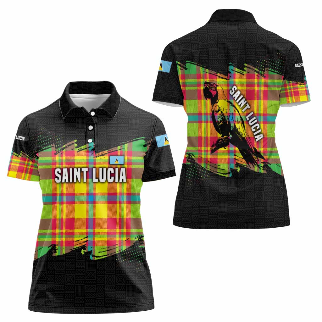 Saint Lucia Parrot Women Polo Shirt with Madras Pattern and Cultural Black Motif Design - Wonder Print Shop