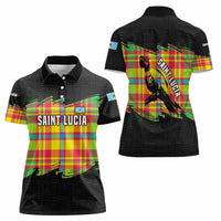 Saint Lucia Parrot Women Polo Shirt with Madras Pattern and Cultural Black Motif Design - Wonder Print Shop