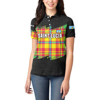 Saint Lucia Parrot Women Polo Shirt with Madras Pattern and Cultural Black Motif Design - Wonder Print Shop