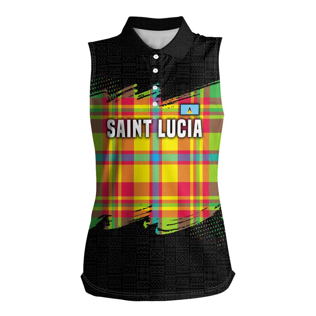 Saint Lucia Parrot Women Sleeveless Polo Shirt with Madras Pattern and Cultural Black Motif Design - Wonder Print Shop