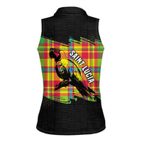Saint Lucia Parrot Women Sleeveless Polo Shirt with Madras Pattern and Cultural Black Motif Design - Wonder Print Shop