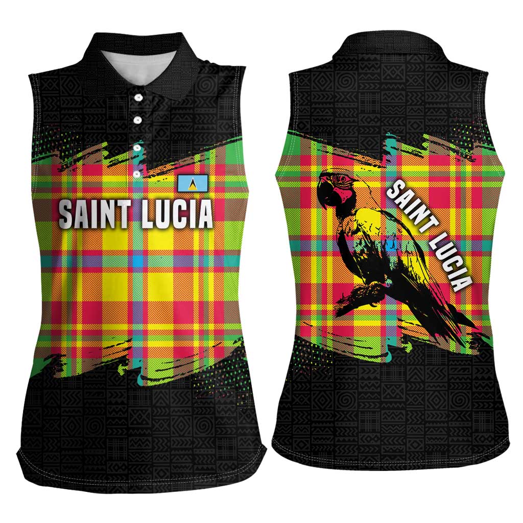Saint Lucia Parrot Women Sleeveless Polo Shirt with Madras Pattern and Cultural Black Motif Design - Wonder Print Shop
