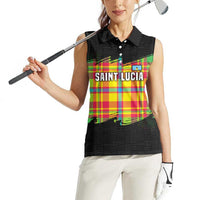 Saint Lucia Parrot Women Sleeveless Polo Shirt with Madras Pattern and Cultural Black Motif Design - Wonder Print Shop