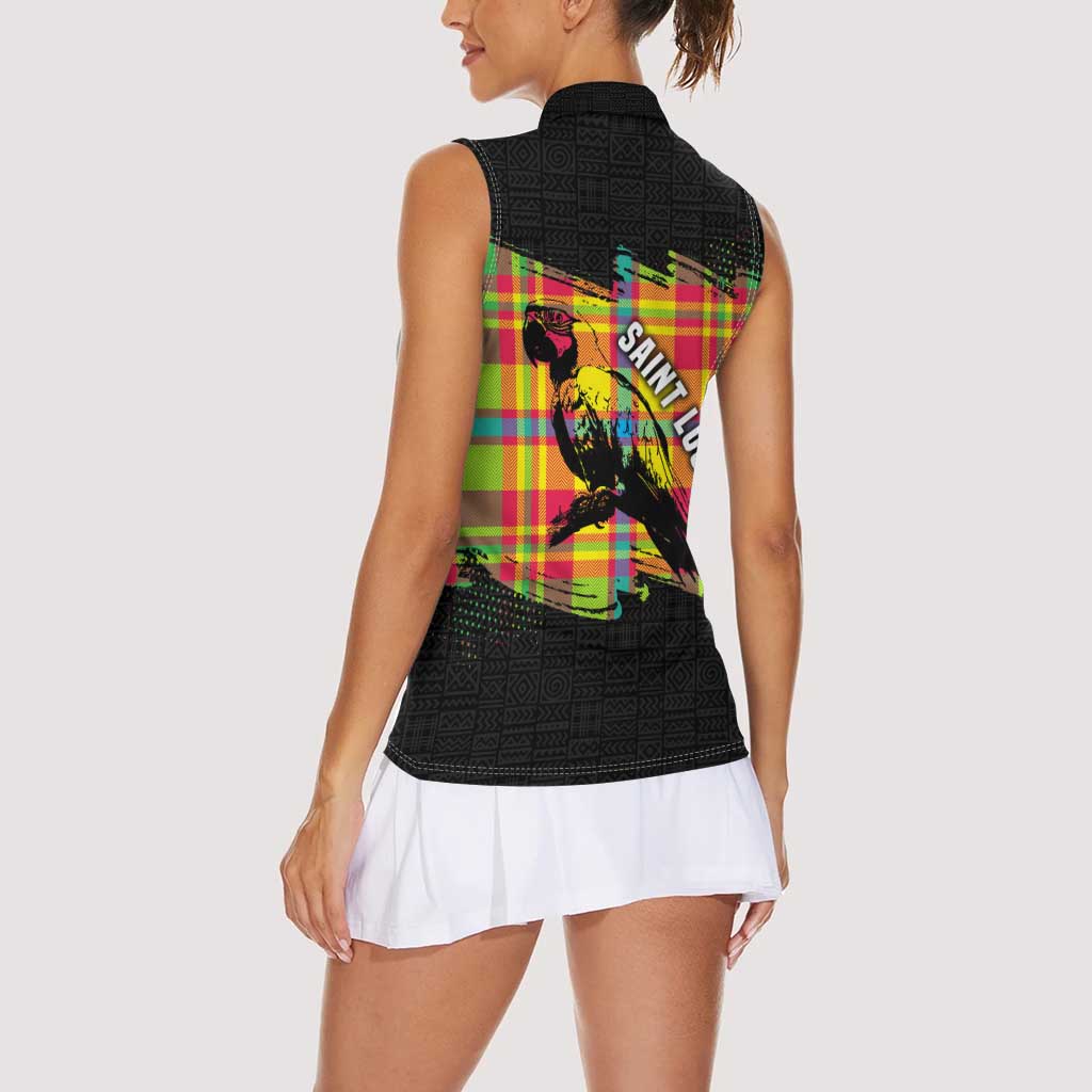 Saint Lucia Parrot Women Sleeveless Polo Shirt with Madras Pattern and Cultural Black Motif Design - Wonder Print Shop