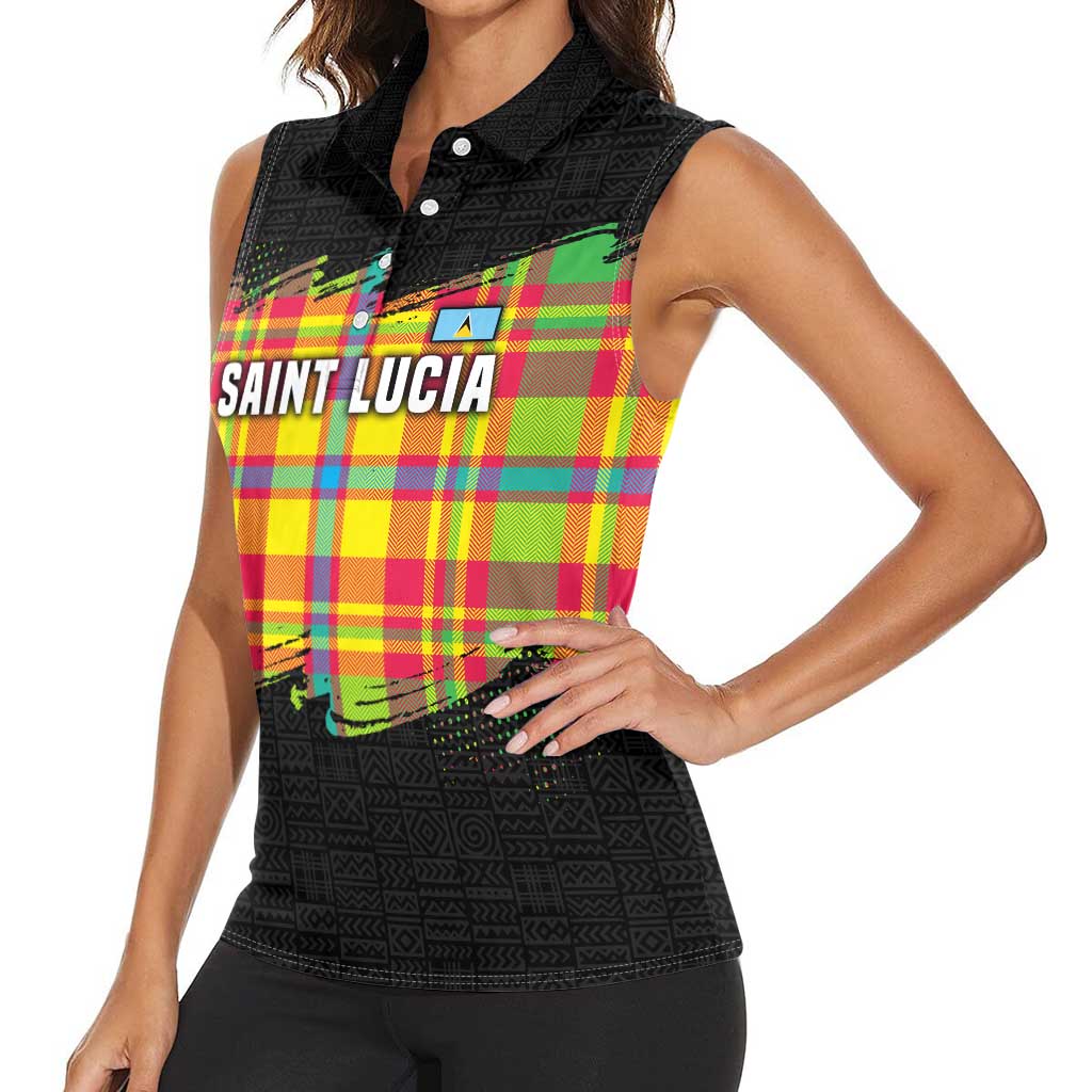 Saint Lucia Parrot Women Sleeveless Polo Shirt with Madras Pattern and Cultural Black Motif Design - Wonder Print Shop
