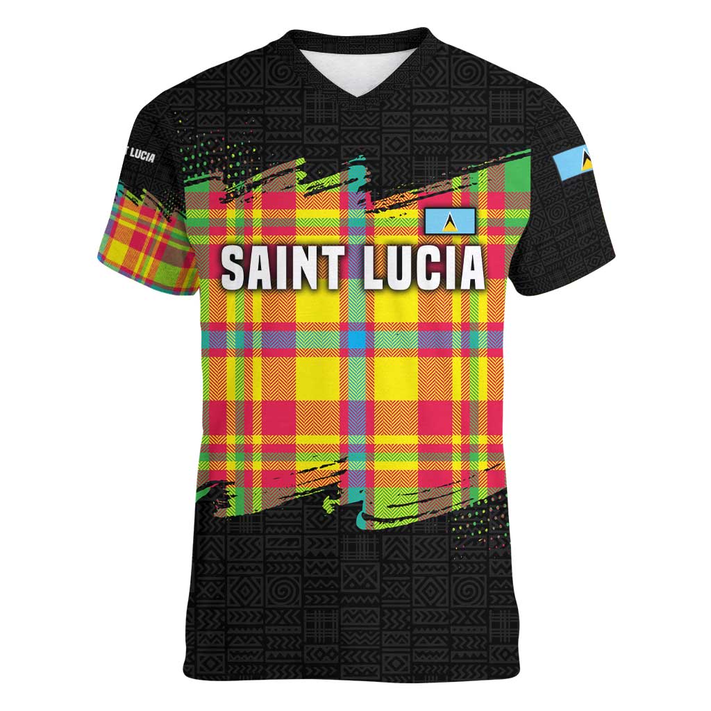 Saint Lucia Parrot Women V-Neck T-Shirt with Madras Pattern and Cultural Black Motif Design - Wonder Print Shop