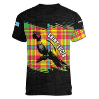 Saint Lucia Parrot Women V-Neck T-Shirt with Madras Pattern and Cultural Black Motif Design - Wonder Print Shop