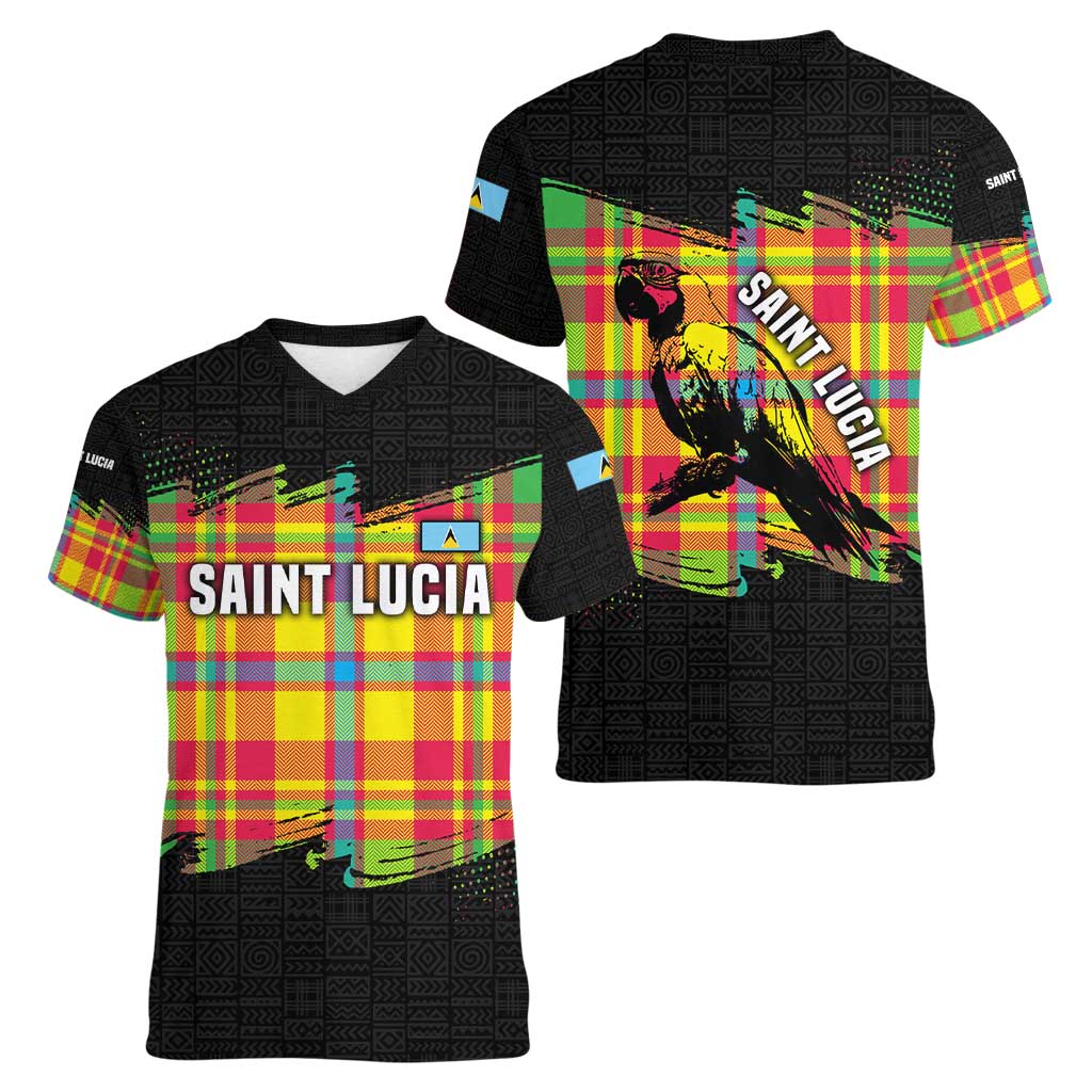 Saint Lucia Parrot Women V-Neck T-Shirt with Madras Pattern and Cultural Black Motif Design - Wonder Print Shop