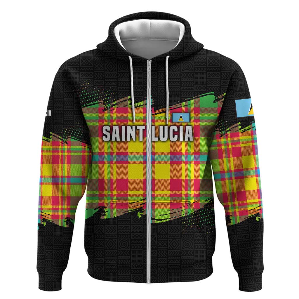 Saint Lucia Parrot Zip Hoodie with Madras Pattern and Cultural Black Motif Design - Wonder Print Shop