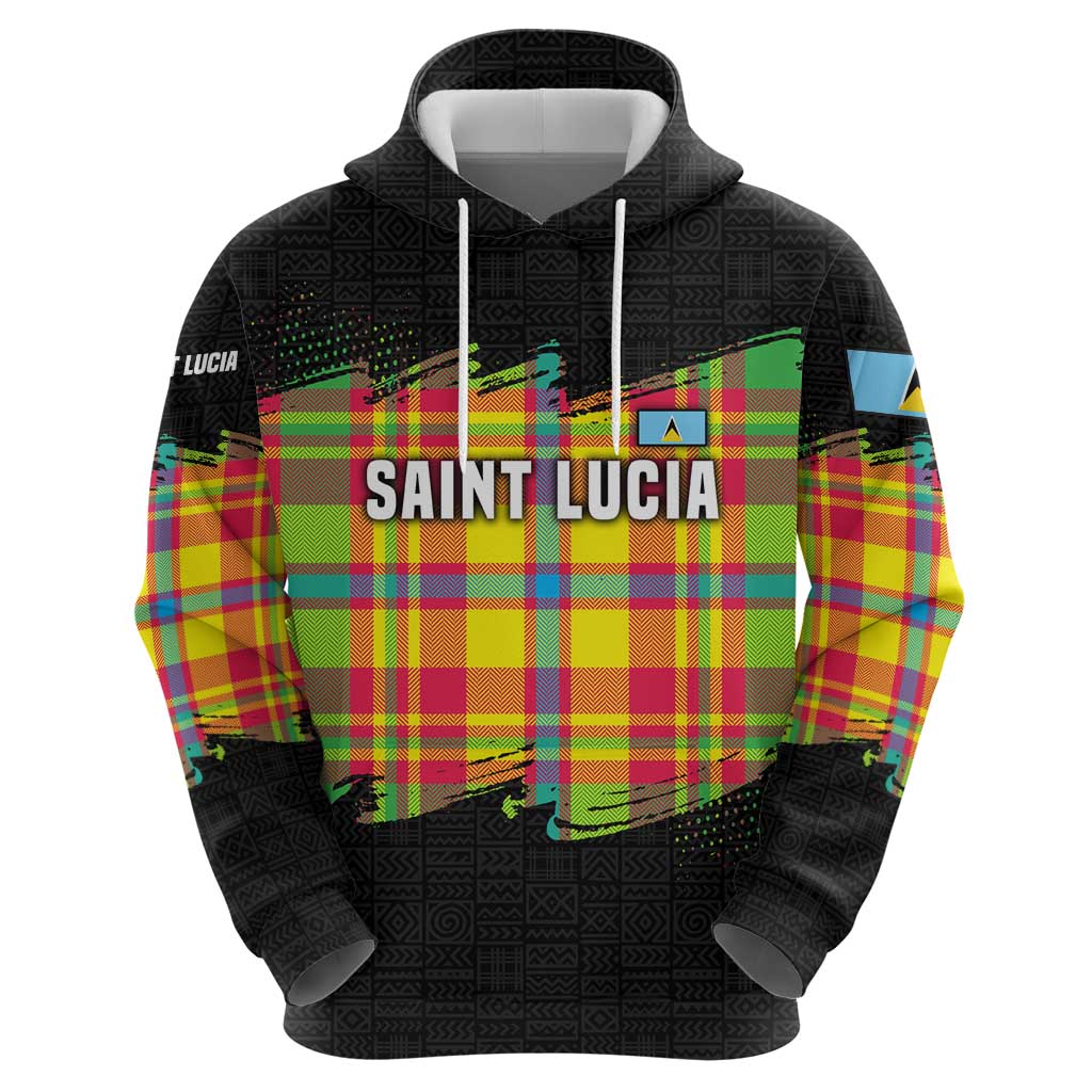 Saint Lucia Parrot Zip Hoodie with Madras Pattern and Cultural Black Motif Design - Wonder Print Shop