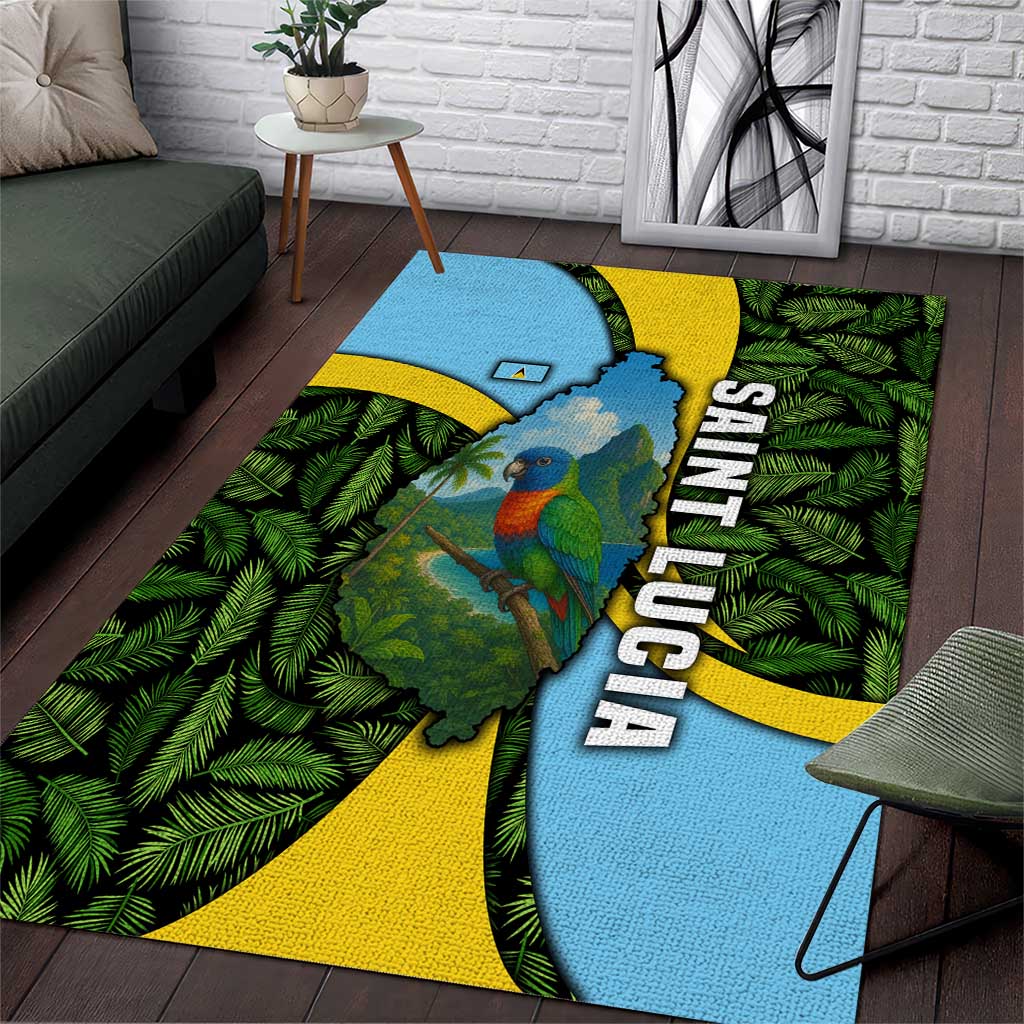 Saint Lucia Parrot Area Rug with Tropical Palm Leaf and Flag Color Wave Design - Wonder Print Shop