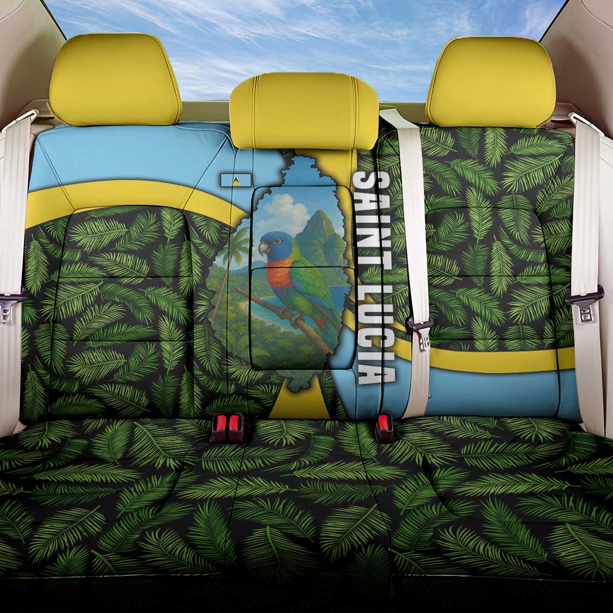 Saint Lucia Parrot Back Car Seat Cover with Tropical Palm Leaf and Flag Color Wave Design - Wonder Print Shop
