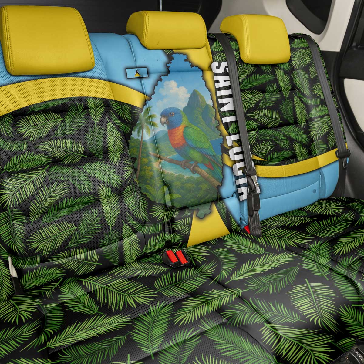 Saint Lucia Parrot Back Car Seat Cover with Tropical Palm Leaf and Flag Color Wave Design - Wonder Print Shop
