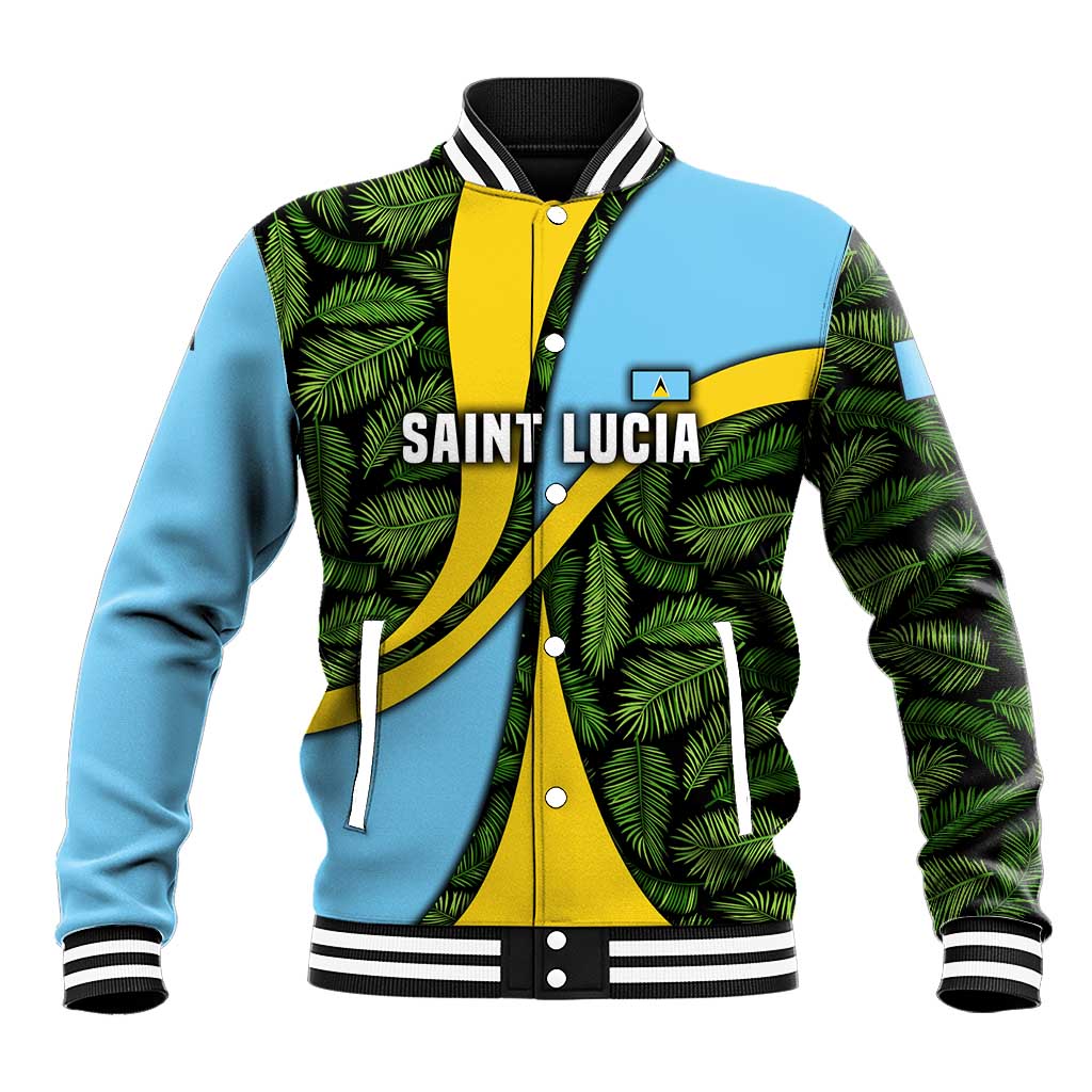 Saint Lucia Parrot Baseball Jacket with Tropical Palm Leaf and Flag Color Wave Design - Wonder Print Shop