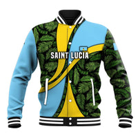 Saint Lucia Parrot Baseball Jacket with Tropical Palm Leaf and Flag Color Wave Design - Wonder Print Shop