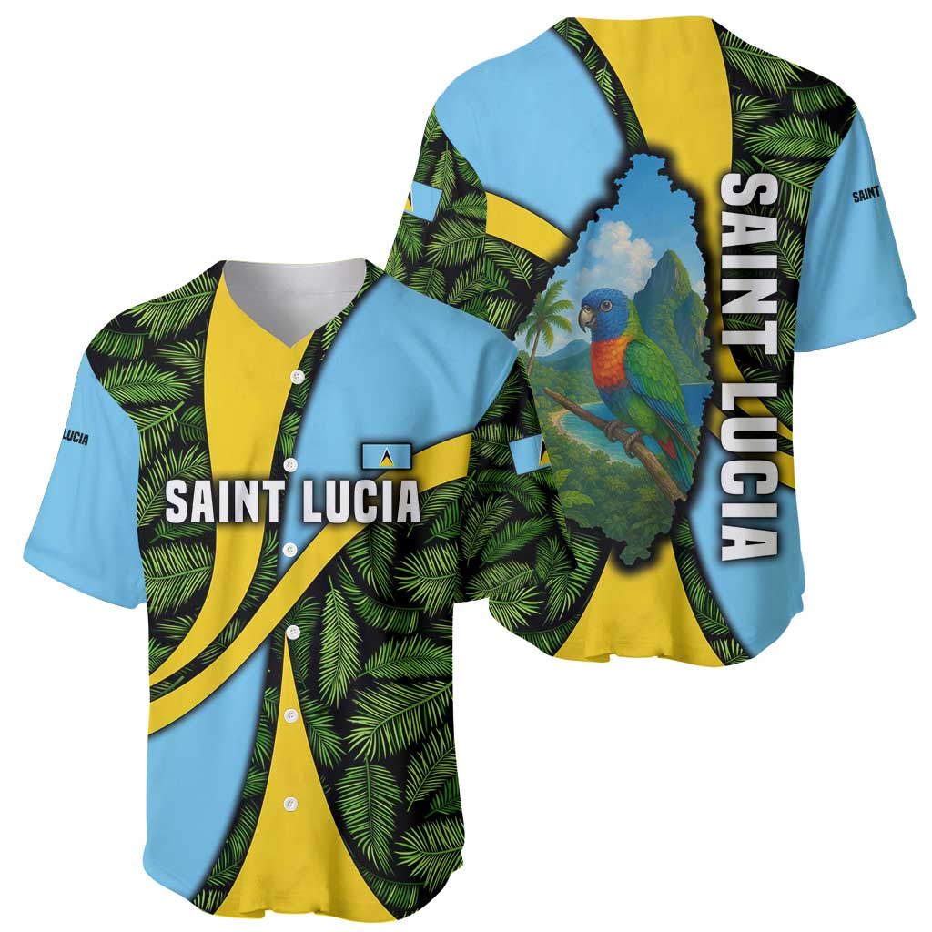 Saint Lucia Parrot Baseball Jersey with Tropical Palm Leaf and Flag Color Wave Design - Wonder Print Shop