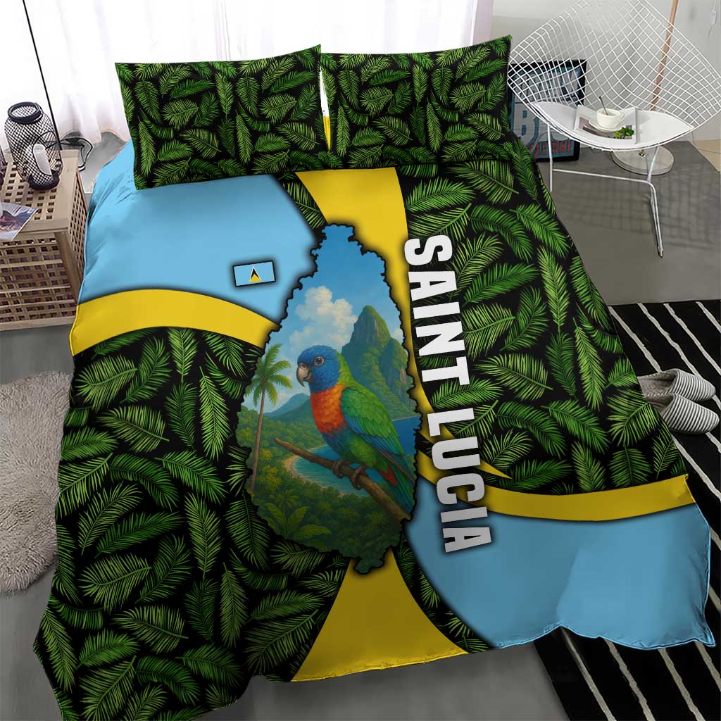 Saint Lucia Parrot Bedding Set with Tropical Palm Leaf and Flag Color Wave Design - Wonder Print Shop