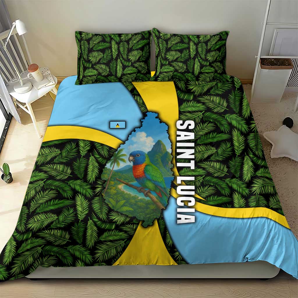 Saint Lucia Parrot Bedding Set with Tropical Palm Leaf and Flag Color Wave Design - Wonder Print Shop