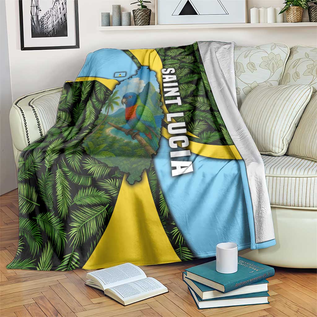 Saint Lucia Parrot Blanket with Tropical Palm Leaf and Flag Color Wave Design - Wonder Print Shop