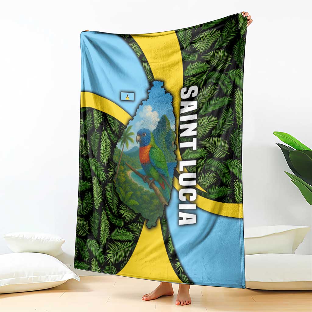 Saint Lucia Parrot Blanket with Tropical Palm Leaf and Flag Color Wave Design - Wonder Print Shop