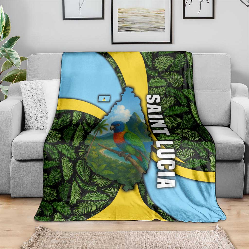 Saint Lucia Parrot Blanket with Tropical Palm Leaf and Flag Color Wave Design - Wonder Print Shop