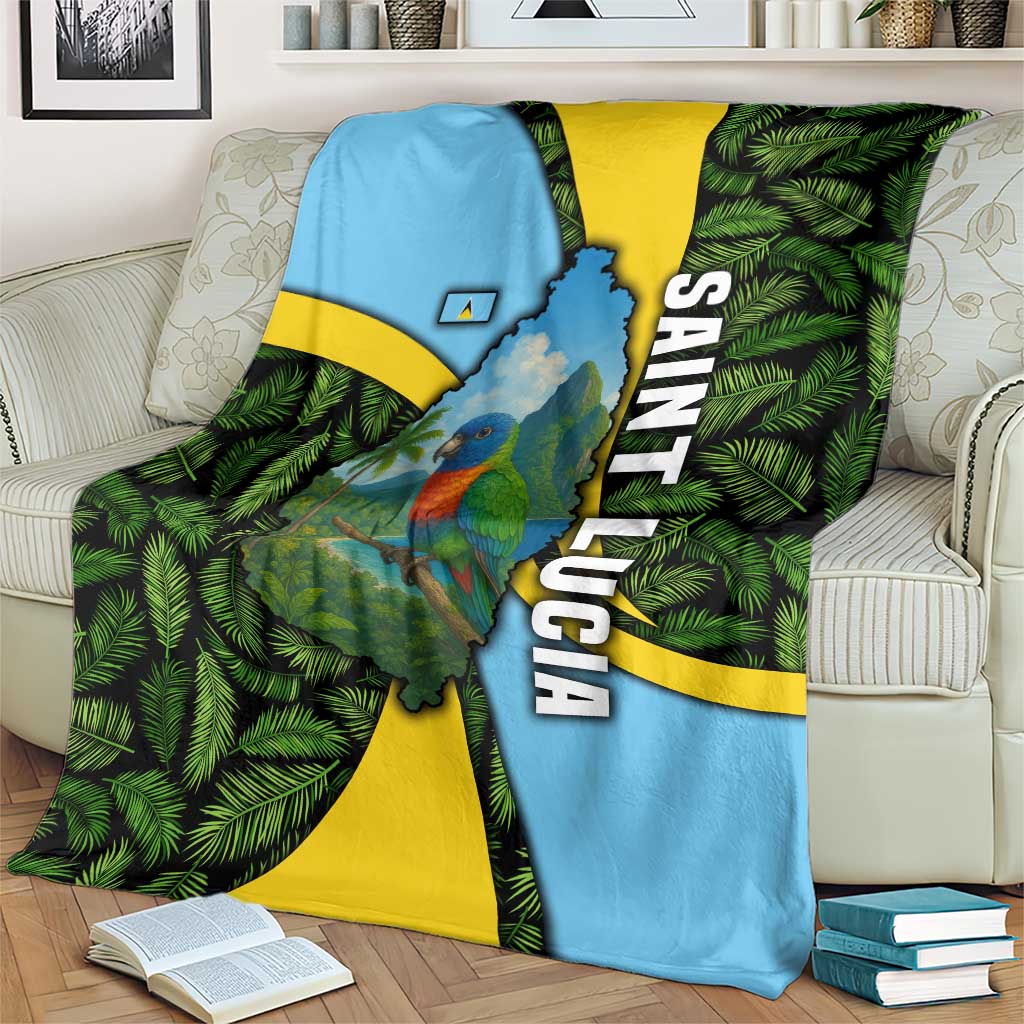 Saint Lucia Parrot Blanket with Tropical Palm Leaf and Flag Color Wave Design - Wonder Print Shop