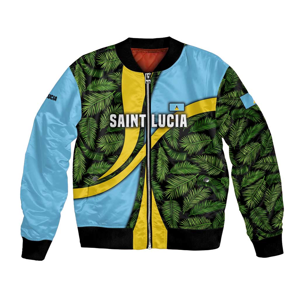 Saint Lucia Parrot Bomber Jacket with Tropical Palm Leaf and Flag Color Wave Design - Wonder Print Shop