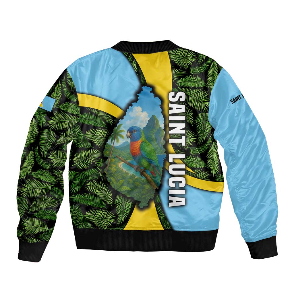 Saint Lucia Parrot Bomber Jacket with Tropical Palm Leaf and Flag Color Wave Design - Wonder Print Shop