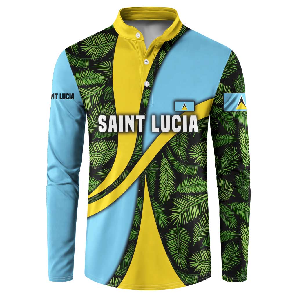Saint Lucia Parrot Button Sweatshirt with Tropical Palm Leaf and Flag Color Wave Design - Wonder Print Shop