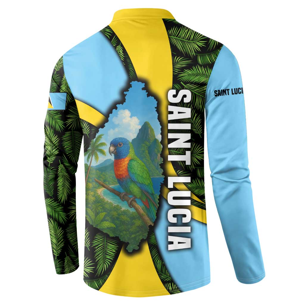 Saint Lucia Parrot Button Sweatshirt with Tropical Palm Leaf and Flag Color Wave Design - Wonder Print Shop