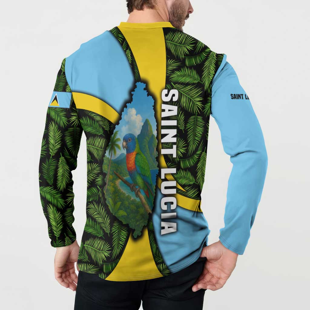 Saint Lucia Parrot Button Sweatshirt with Tropical Palm Leaf and Flag Color Wave Design - Wonder Print Shop