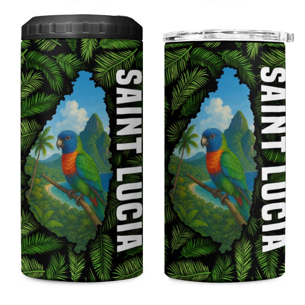 Saint Lucia Parrot 4 in 1 Can Cooler Tumbler with Tropical Palm Leaf and Flag Color Wave Design - Wonder Print Shop