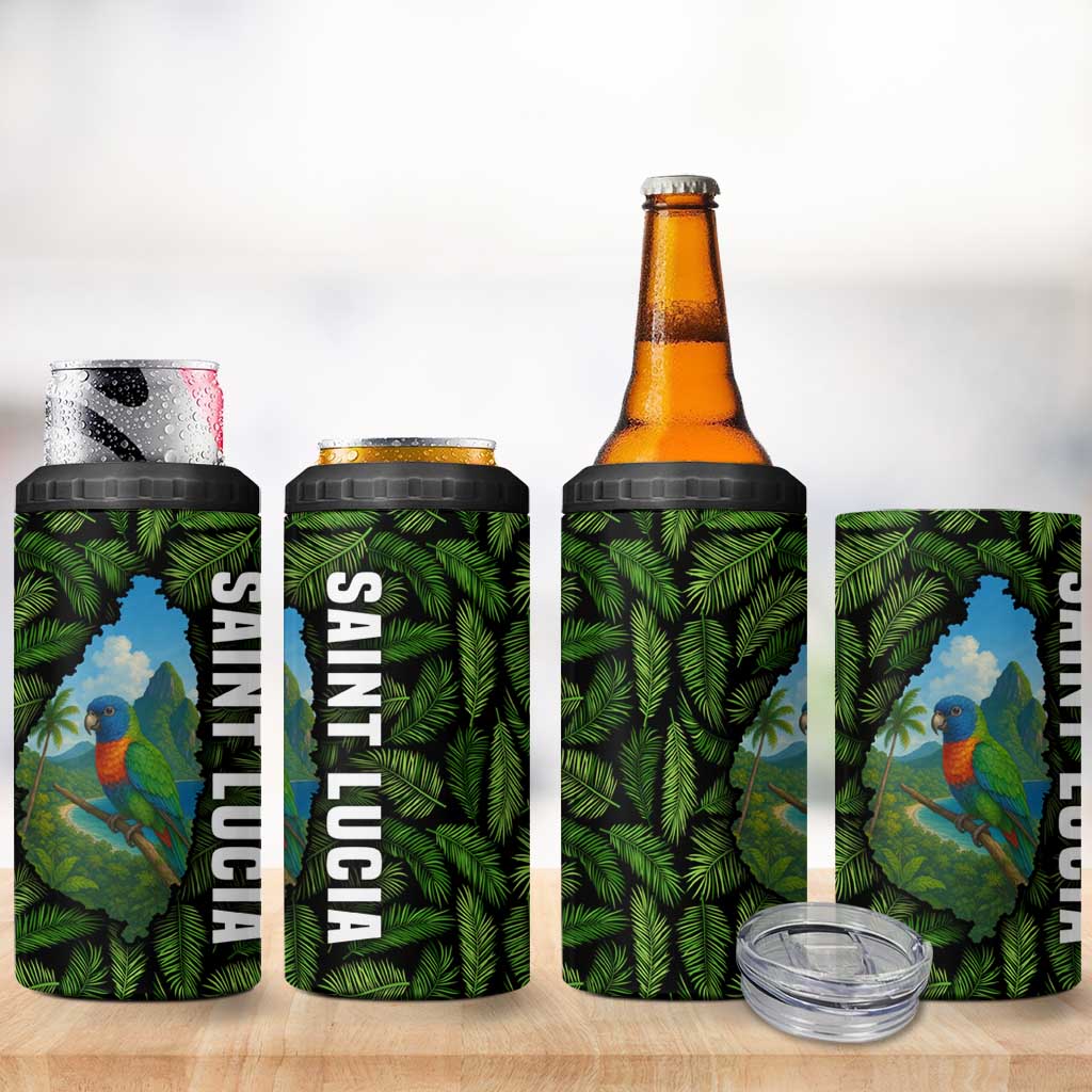 Saint Lucia Parrot 4 in 1 Can Cooler Tumbler with Tropical Palm Leaf and Flag Color Wave Design - Wonder Print Shop