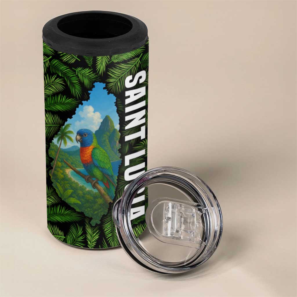 Saint Lucia Parrot 4 in 1 Can Cooler Tumbler with Tropical Palm Leaf and Flag Color Wave Design - Wonder Print Shop