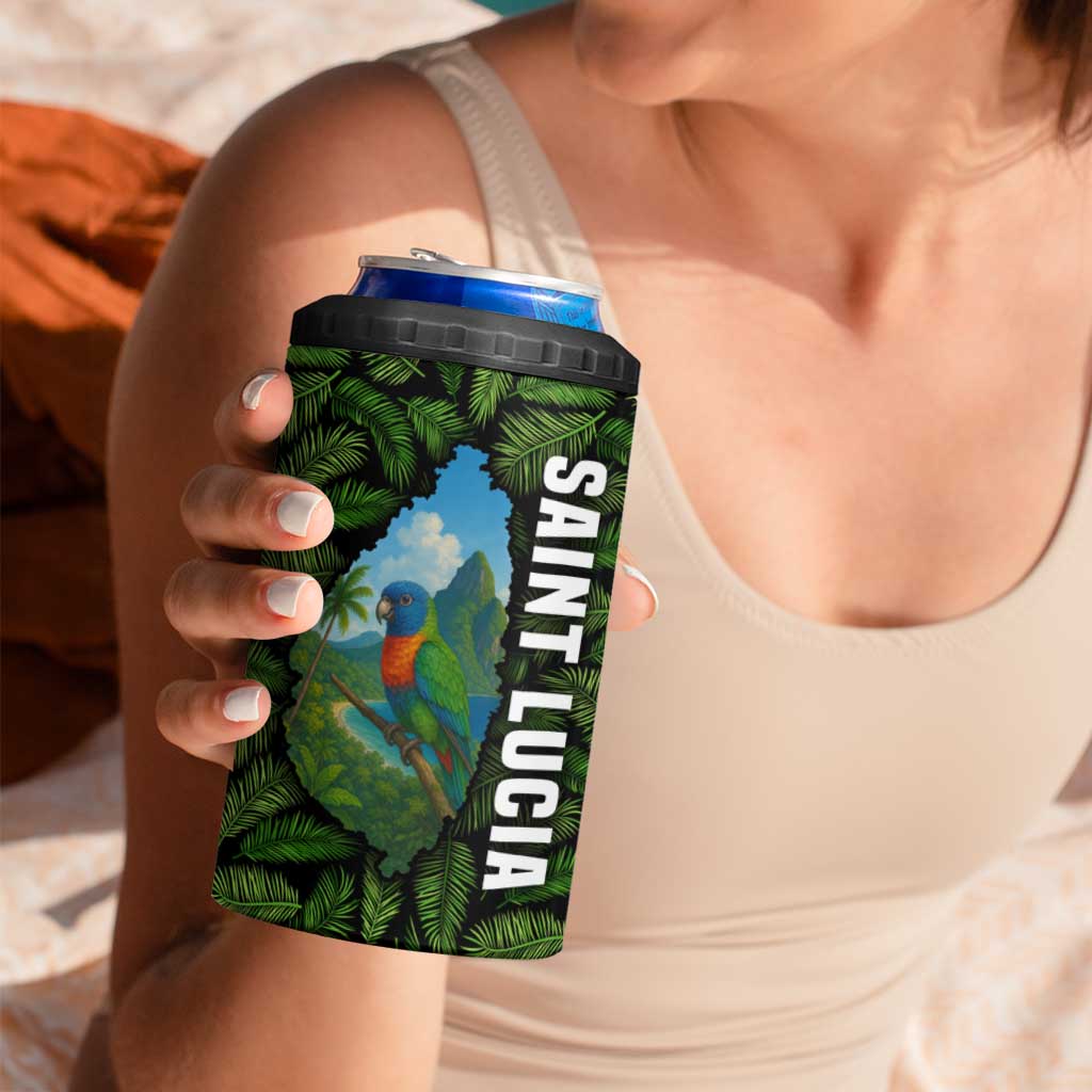 Saint Lucia Parrot 4 in 1 Can Cooler Tumbler with Tropical Palm Leaf and Flag Color Wave Design - Wonder Print Shop