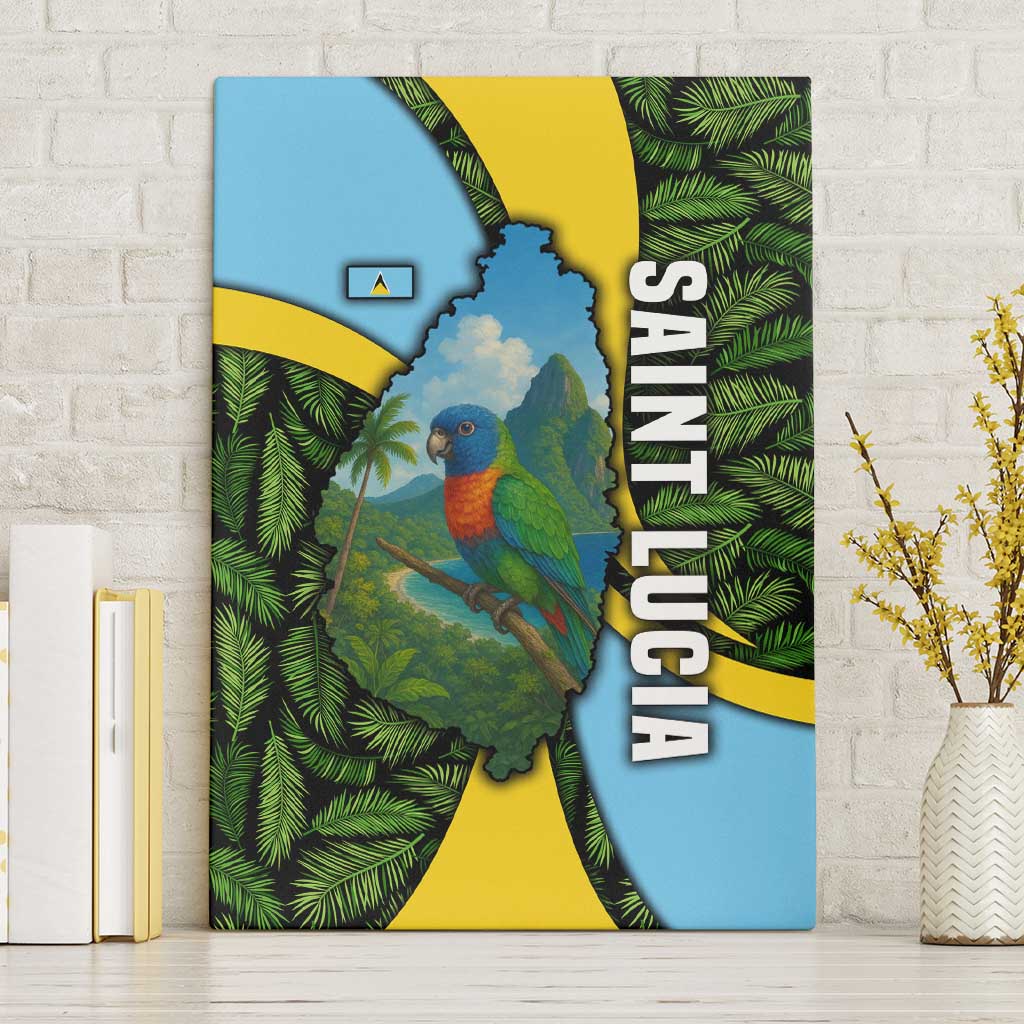 Saint Lucia Parrot Canvas Wall Art with Tropical Palm Leaf and Flag Color Wave Design - Wonder Print Shop