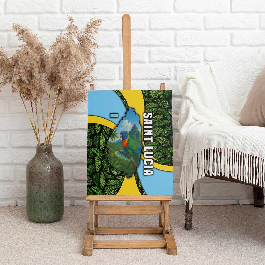 Saint Lucia Parrot Canvas Wall Art with Tropical Palm Leaf and Flag Color Wave Design - Wonder Print Shop