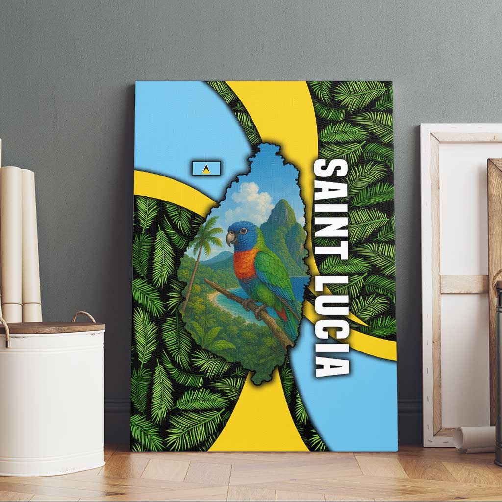 Saint Lucia Parrot Canvas Wall Art with Tropical Palm Leaf and Flag Color Wave Design - Wonder Print Shop