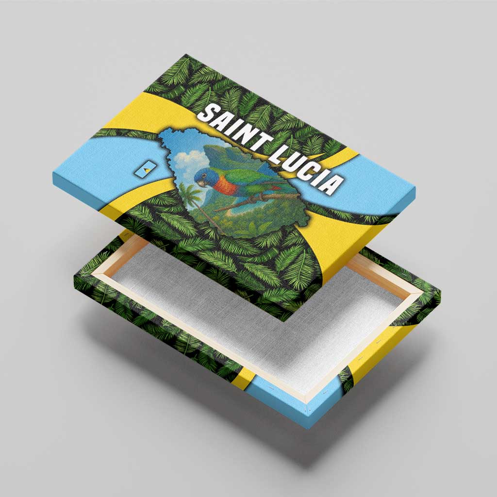 Saint Lucia Parrot Canvas Wall Art with Tropical Palm Leaf and Flag Color Wave Design - Wonder Print Shop