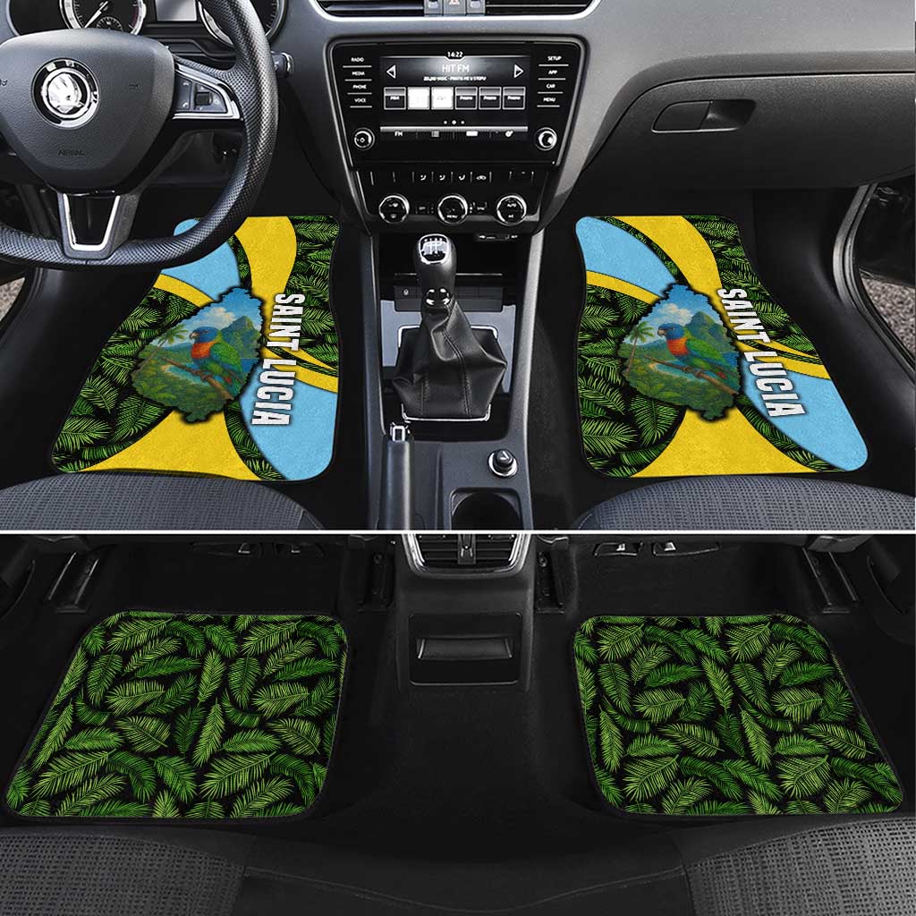 Saint Lucia Parrot Car Mats with Tropical Palm Leaf and Flag Color Wave Design - Wonder Print Shop
