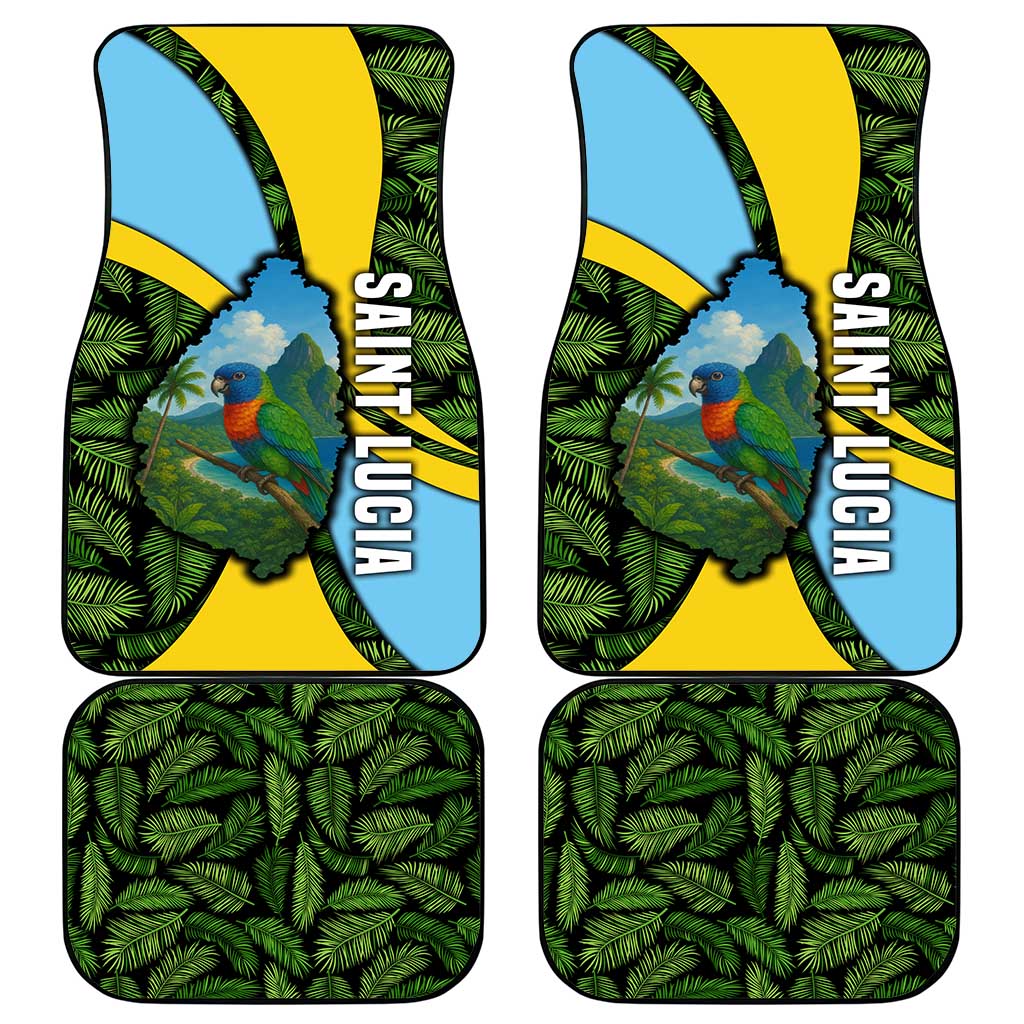 Saint Lucia Parrot Car Mats with Tropical Palm Leaf and Flag Color Wave Design - Wonder Print Shop