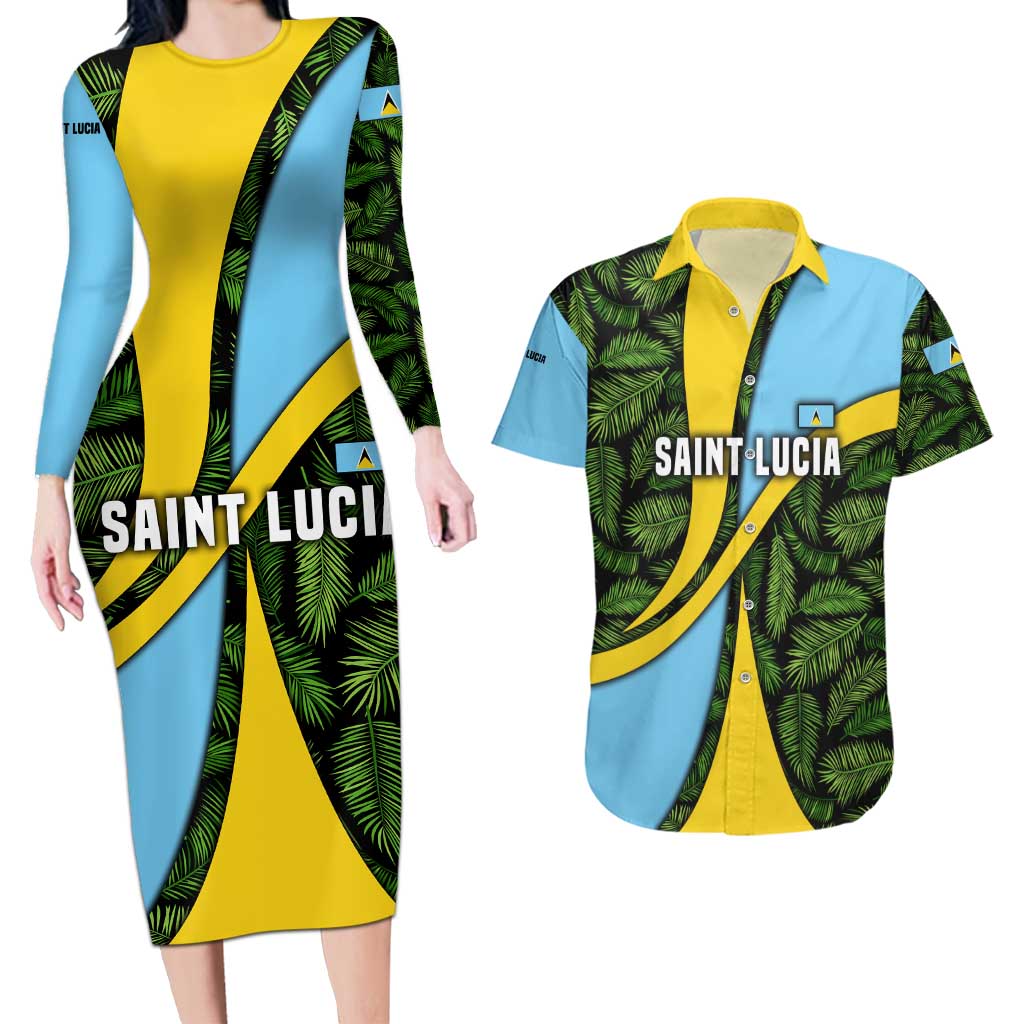 Saint Lucia Parrot Couples Matching Long Sleeve Bodycon Dress and Hawaiian Shirt with Tropical Palm Leaf and Flag Color Wave Design - Wonder Print Shop