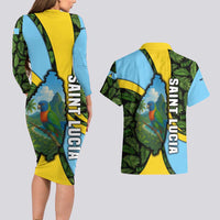 Saint Lucia Parrot Couples Matching Long Sleeve Bodycon Dress and Hawaiian Shirt with Tropical Palm Leaf and Flag Color Wave Design - Wonder Print Shop
