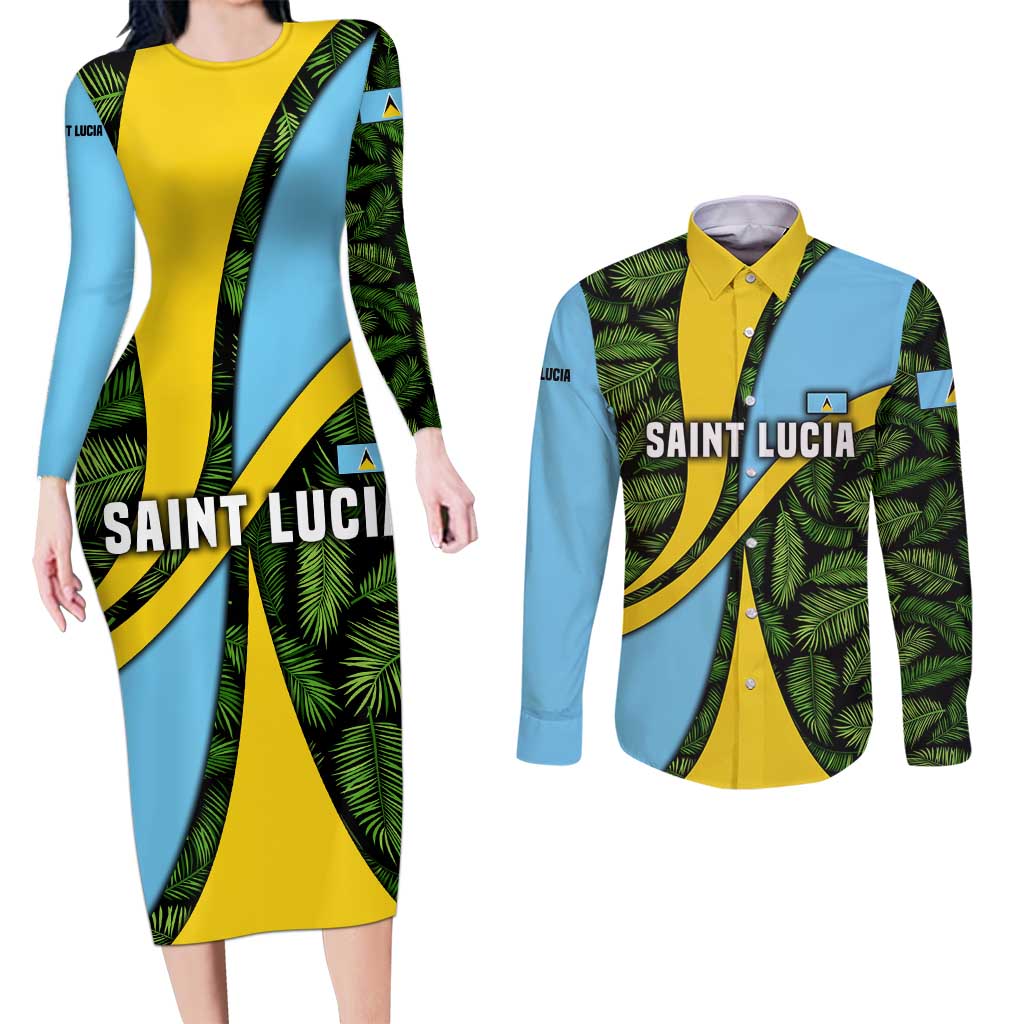 Saint Lucia Parrot Couples Matching Long Sleeve Bodycon Dress and Long Sleeve Button Shirt with Tropical Palm Leaf and Flag Color Wave Design - Wonder Print Shop