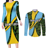Saint Lucia Parrot Couples Matching Long Sleeve Bodycon Dress and Long Sleeve Button Shirt with Tropical Palm Leaf and Flag Color Wave Design - Wonder Print Shop