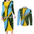 Saint Lucia Parrot Couples Matching Long Sleeve Bodycon Dress and Long Sleeve Button Shirt with Tropical Palm Leaf and Flag Color Wave Design - Wonder Print Shop