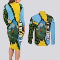 Saint Lucia Parrot Couples Matching Long Sleeve Bodycon Dress and Long Sleeve Button Shirt with Tropical Palm Leaf and Flag Color Wave Design - Wonder Print Shop
