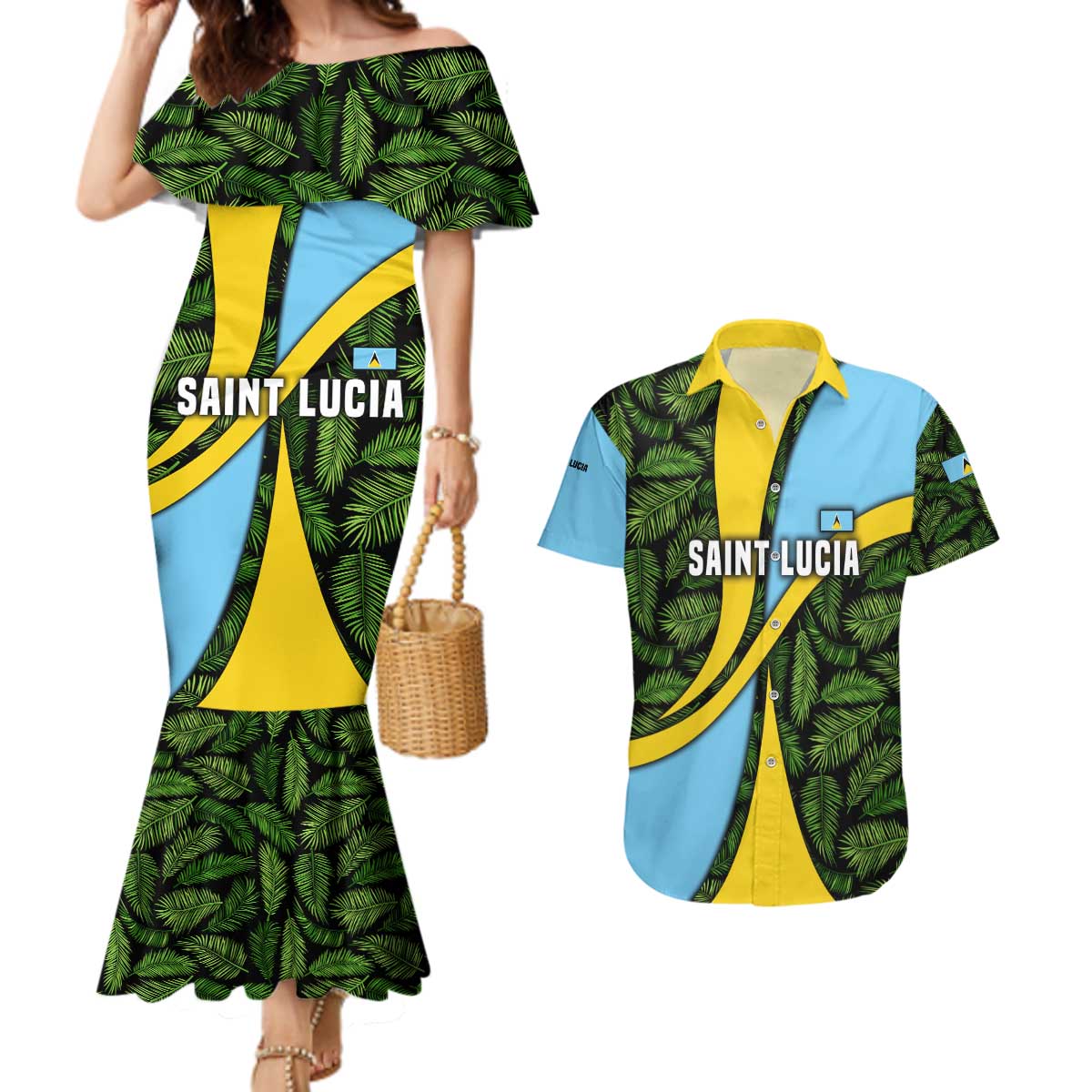 Saint Lucia Parrot Couples Matching Mermaid Dress and Hawaiian Shirt with Tropical Palm Leaf and Flag Color Wave Design - Wonder Print Shop